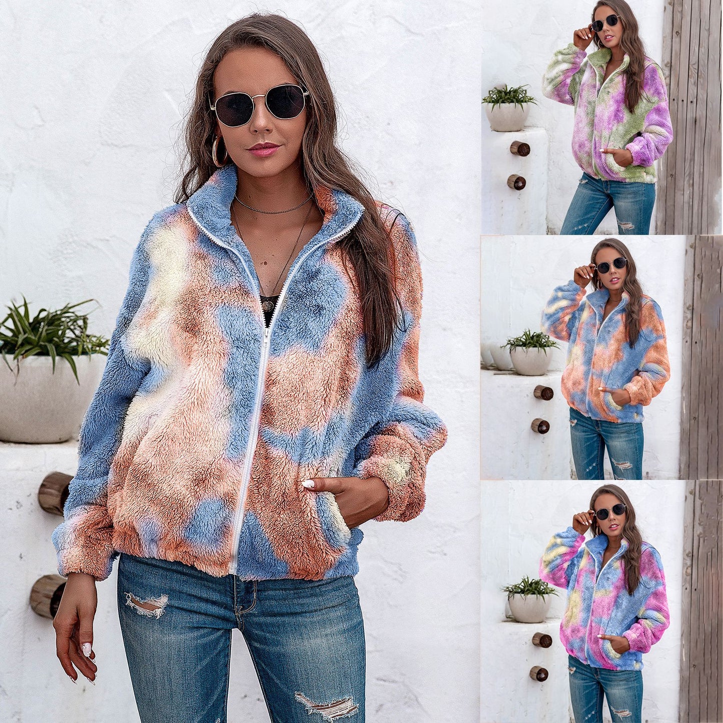 Ladies tie-dye plush coat with zipper top