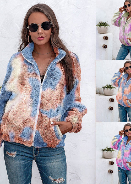 Ladies tie-dye plush coat with zipper top