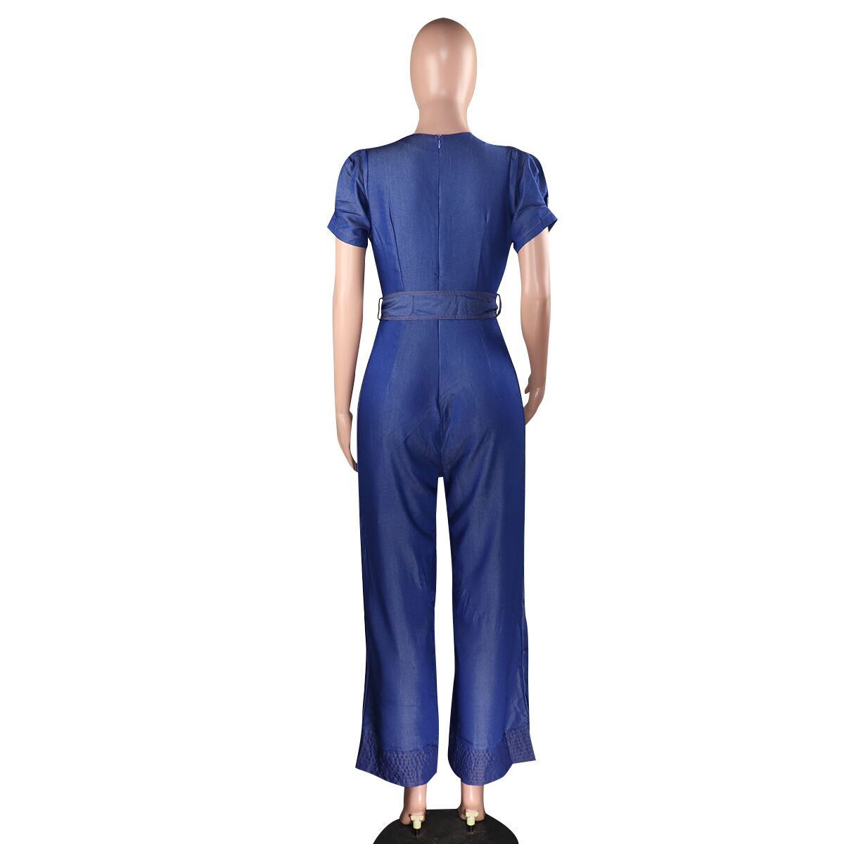 Wide-leg denim jumpsuit with belt