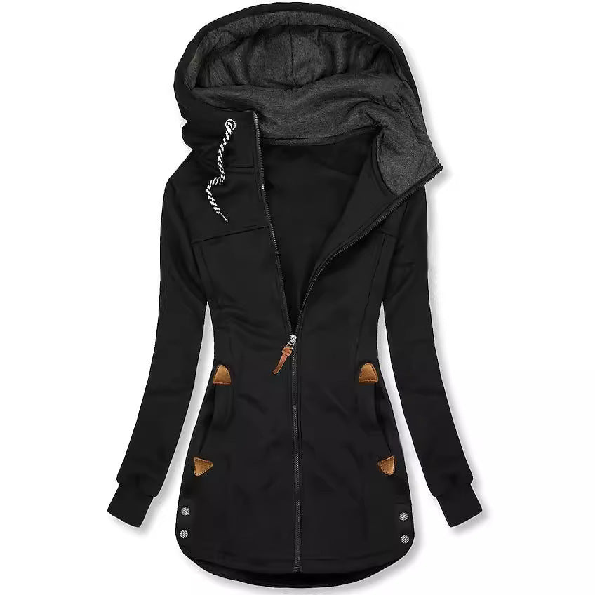 Hooded Sweater Women Drawstring Pocket Zipper Cardigan Outerwear