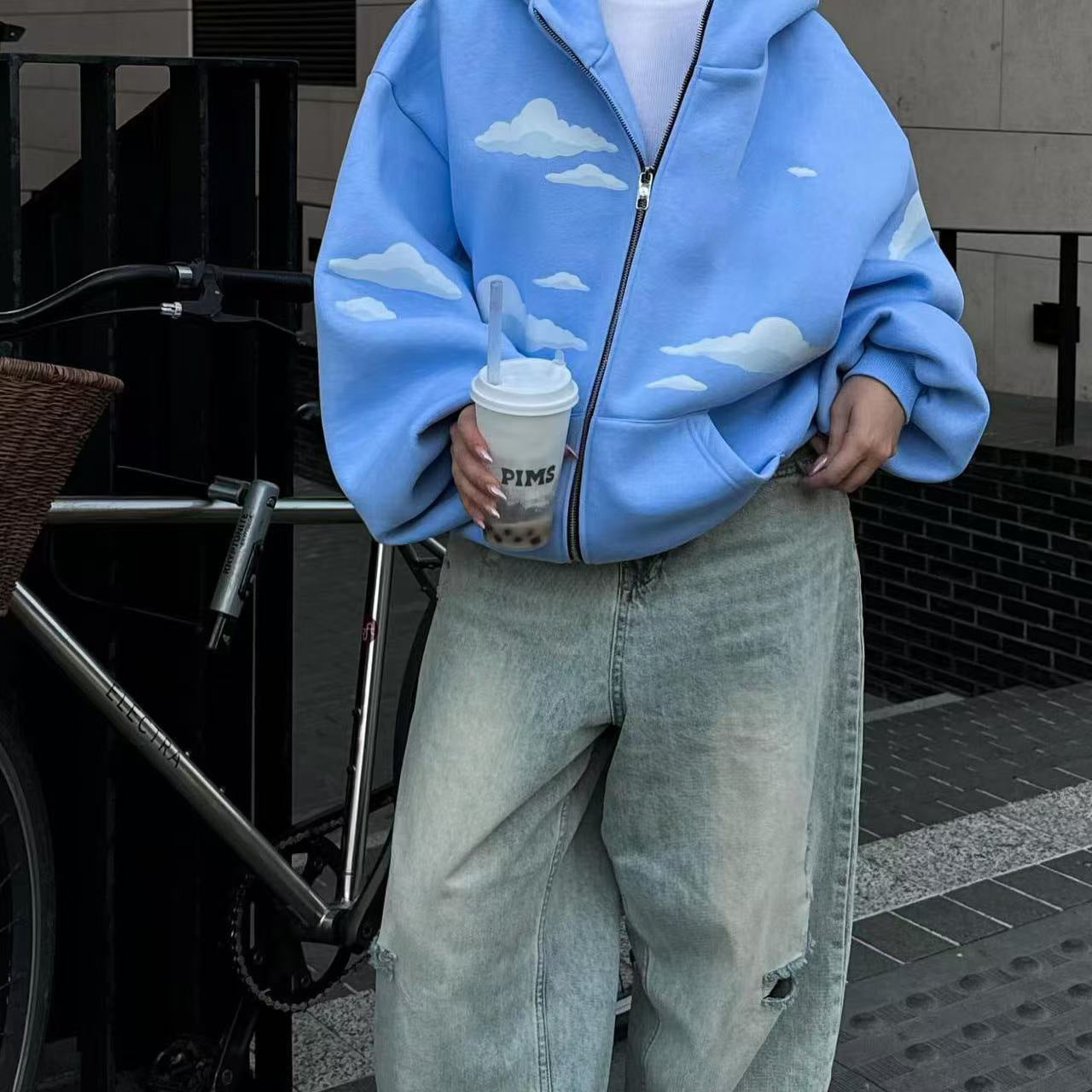 Cloud Print Zipper Hooded Sweaters Women's Clothing