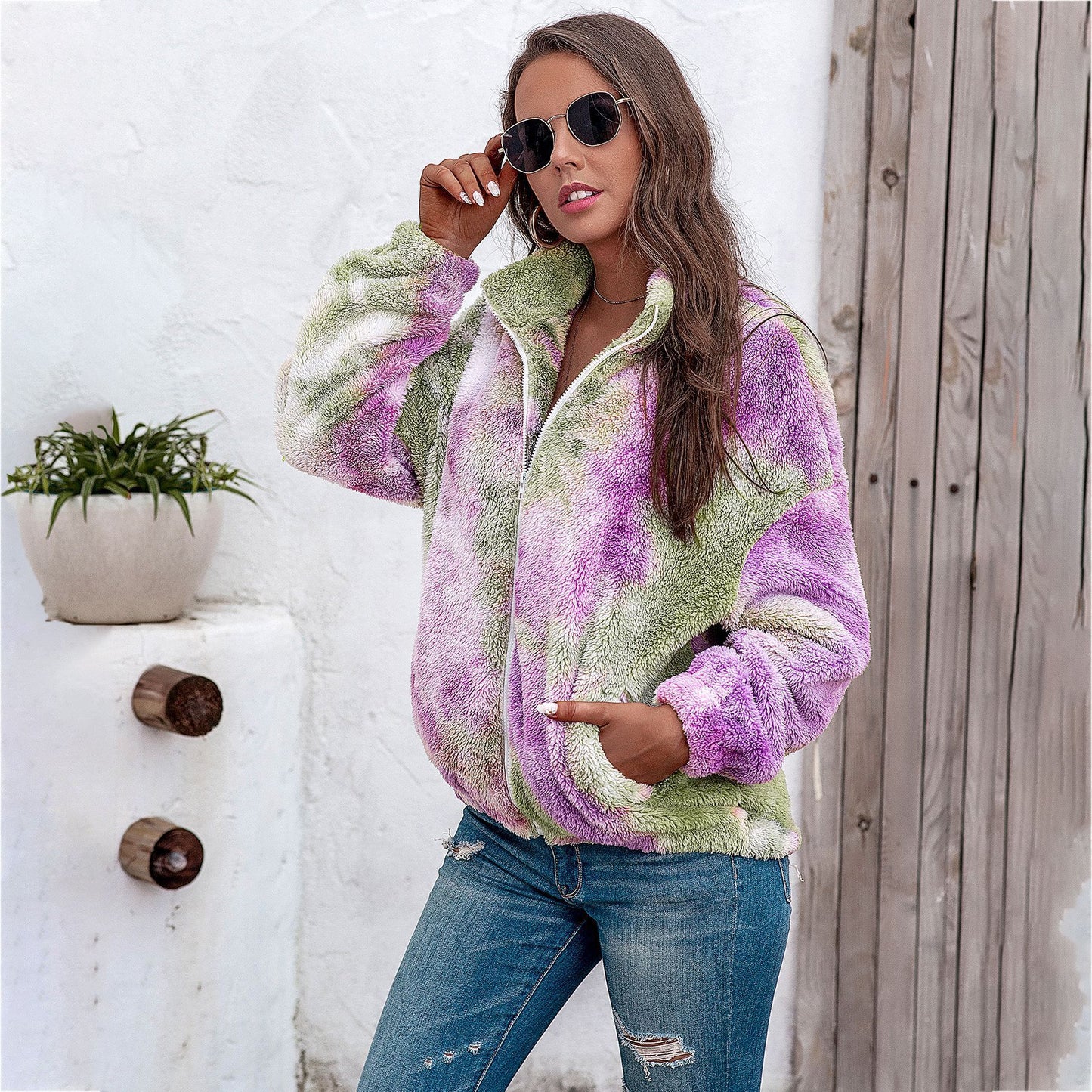 Ladies tie-dye plush coat with zipper top