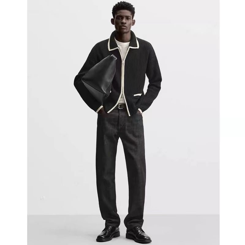 Contrast Color Fashion Zipper Sweater Men's Cardigan Jacket