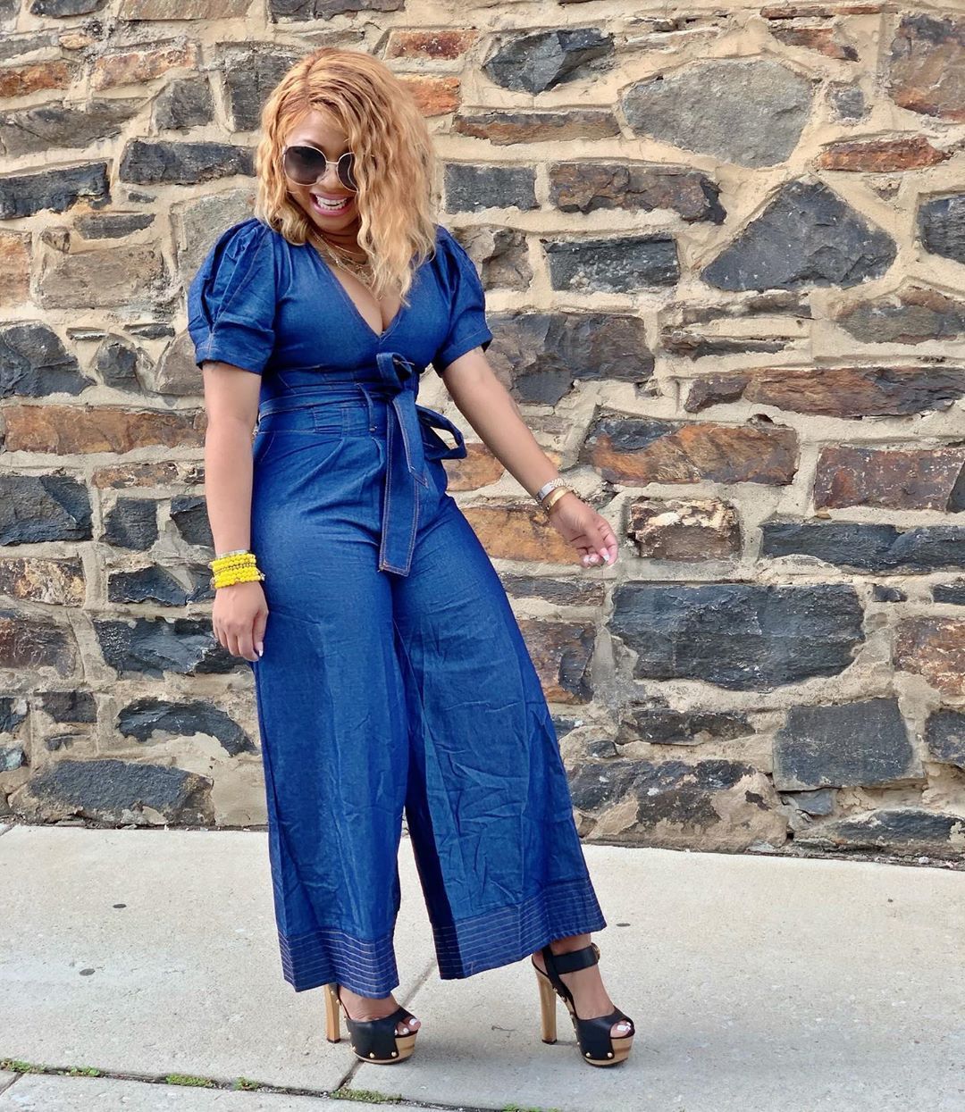 Wide-leg denim jumpsuit with belt