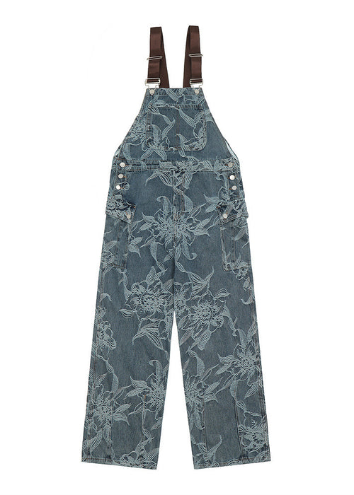 Flower Jacquard Denim Suspender Pants Men