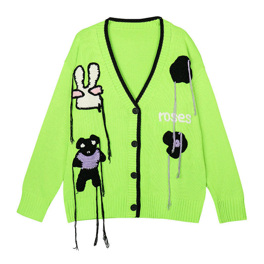 New Loose French V-neck Knitted Cardigan Women Cartoon Embroidery