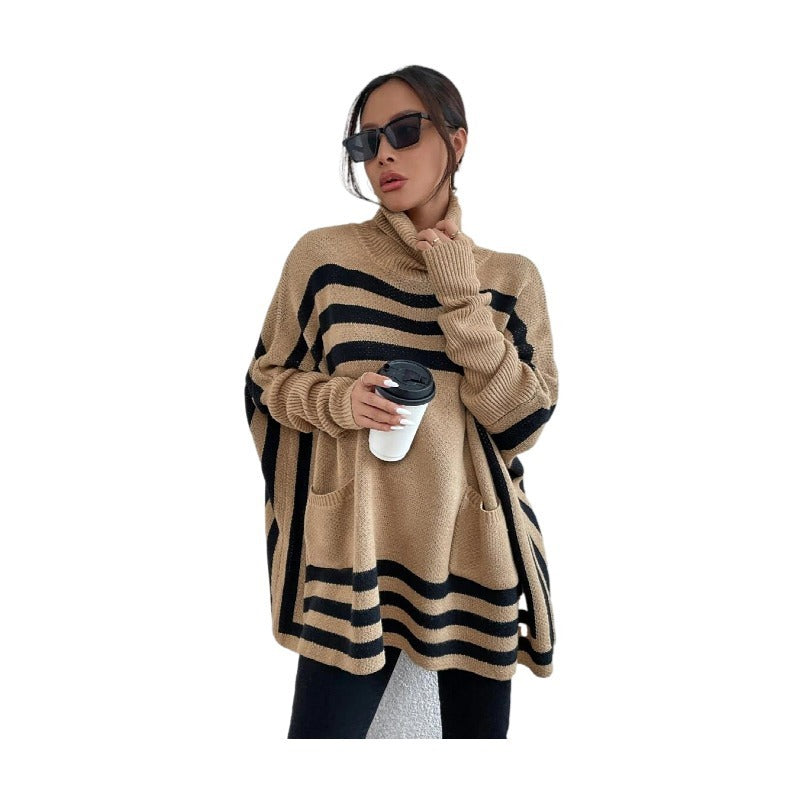 Turtleneck Striped Batwing Sleeve Cape And Shawl Sweater Coat