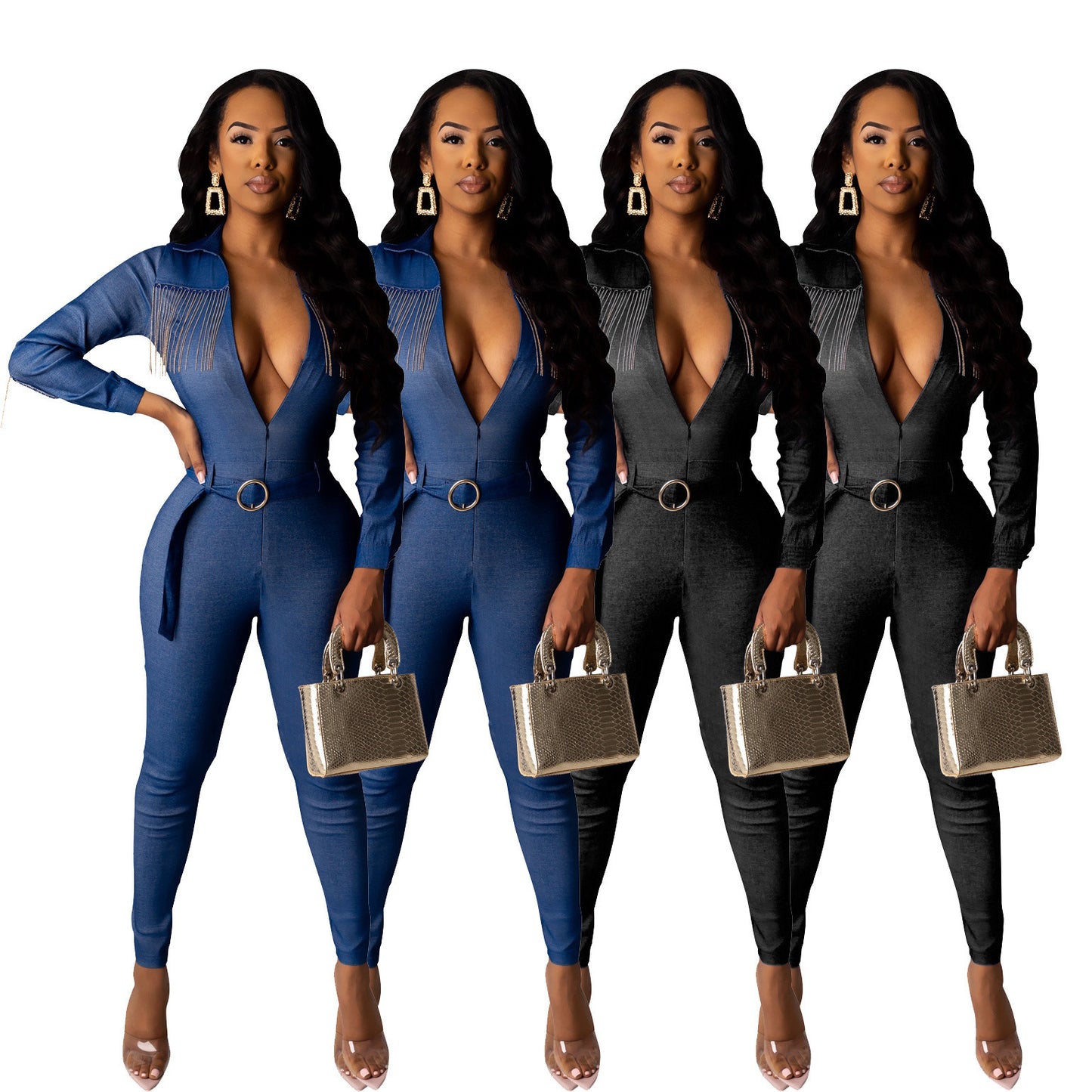 Denim fringed solid color jumpsuit (with belt)