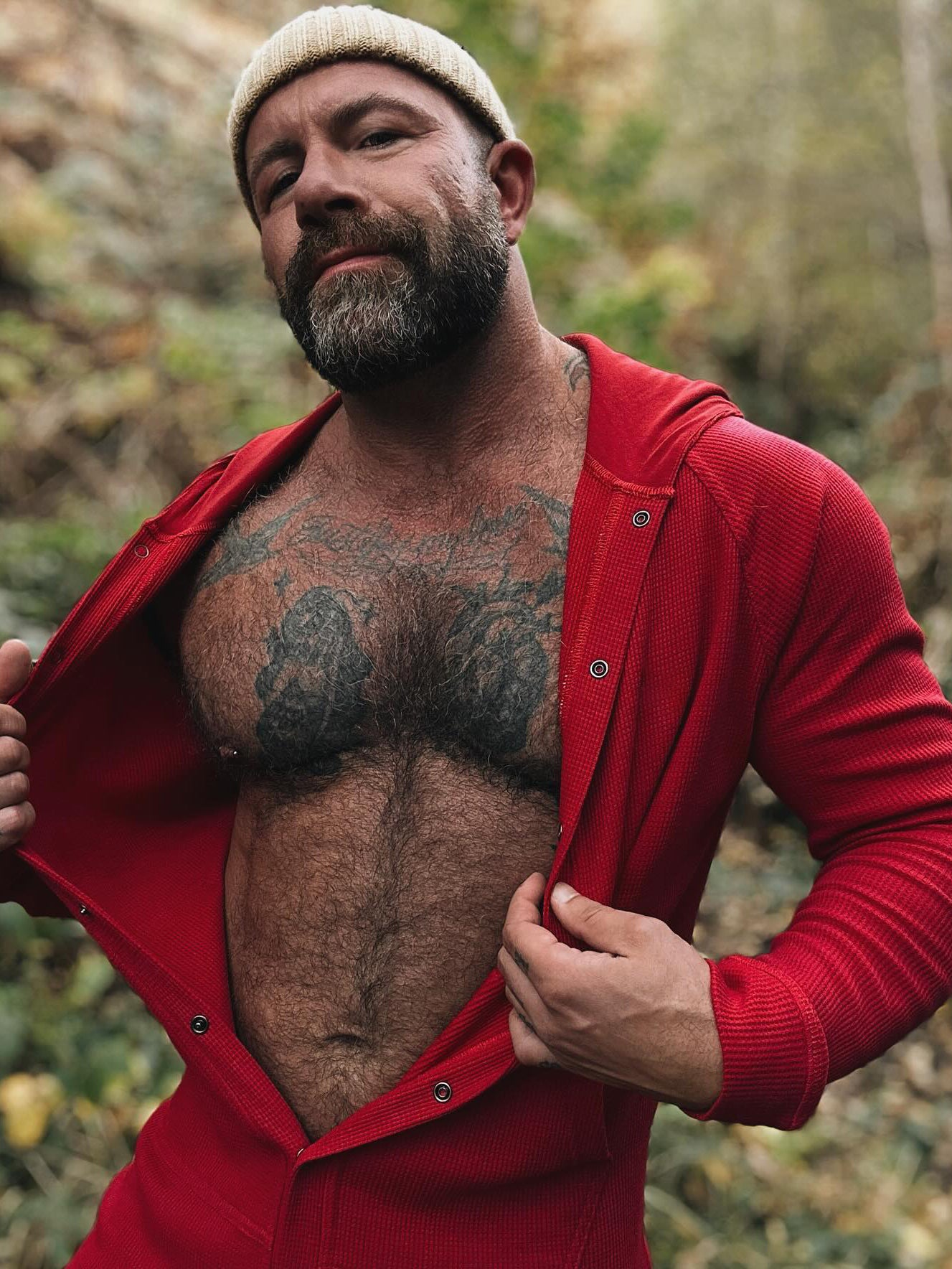 Red Hooded Button - Front Onesie