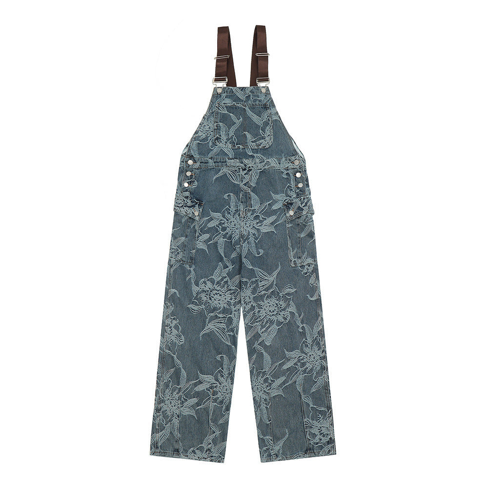 Flower Jacquard Denim Suspender Pants Men