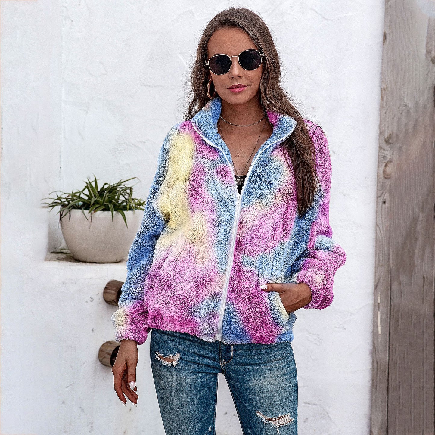 Ladies tie-dye plush coat with zipper top