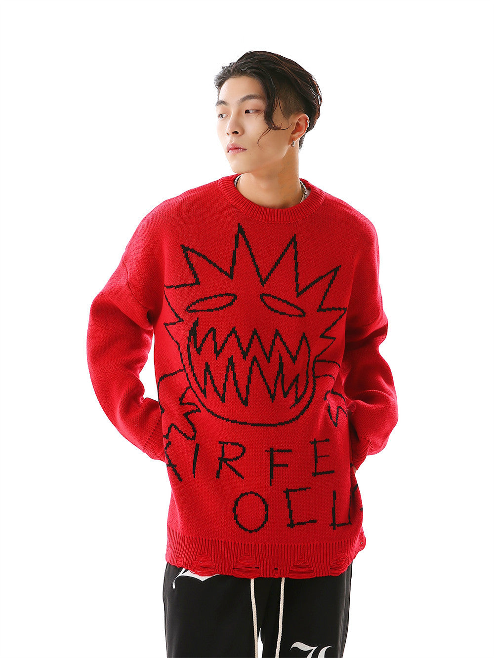 Crew Neck Sweater Men's Crochet Hole Pullover Sweater