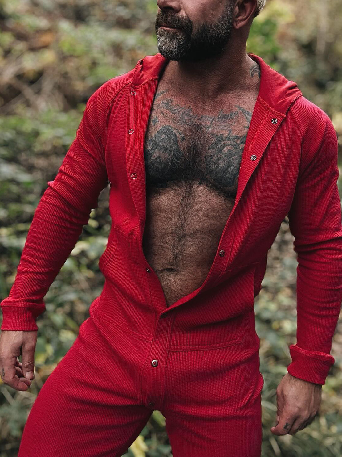 Red Hooded Button - Front Onesie