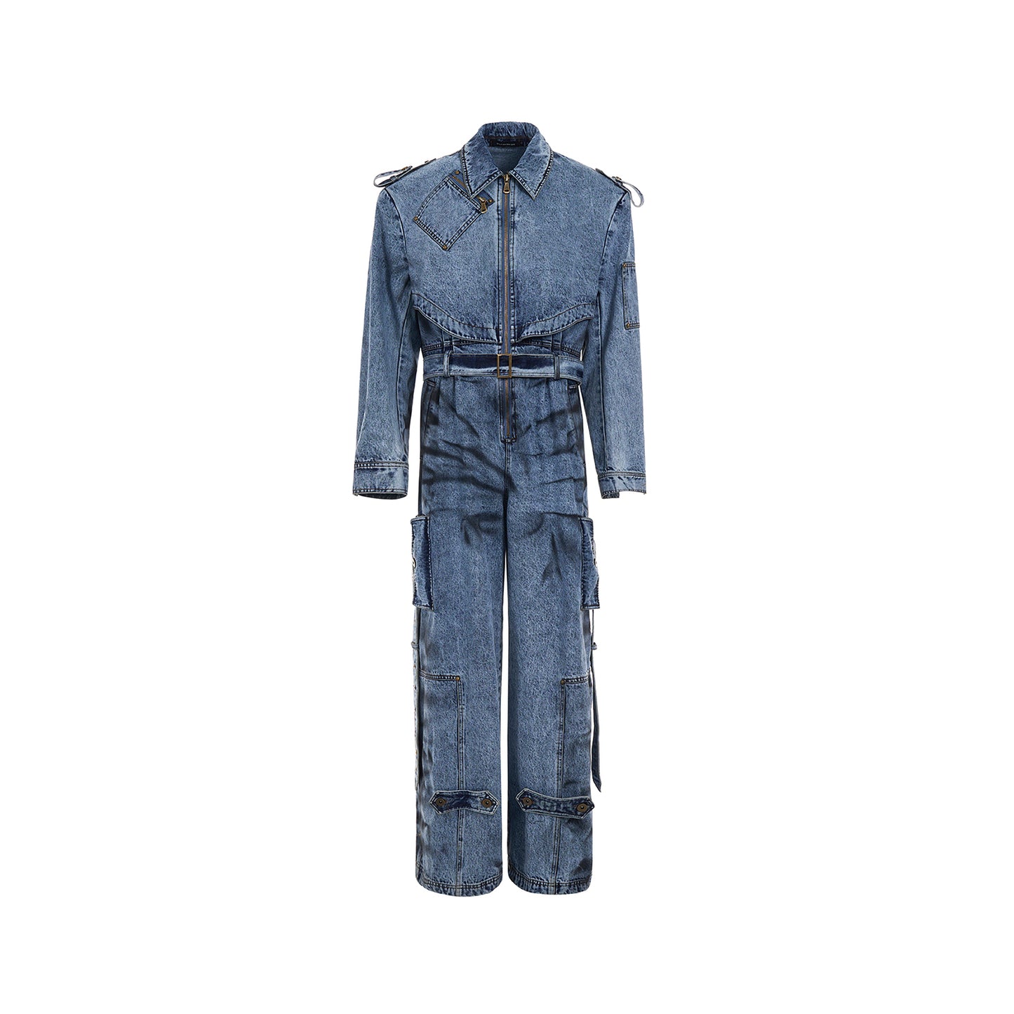 Dirty Dyed Denim Jumpsuit Men's Washed Blue Zipper Jeans