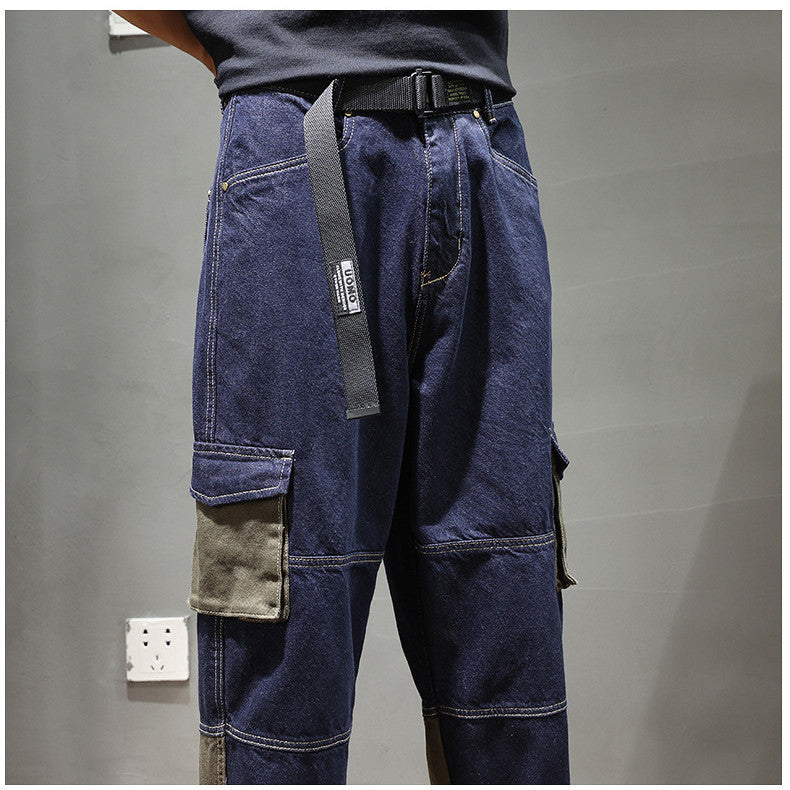 Pocket Color Matching Denim Loose Cargo Pants