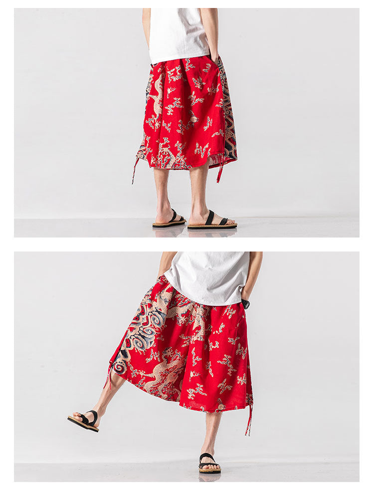 Men's Loose-fitting Chinese Style Elephant Flower Cropped Large Trunks Radish Beach Flower Pants