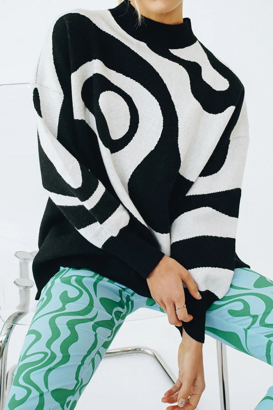 OL Commuting Black And White Printed College Sweater