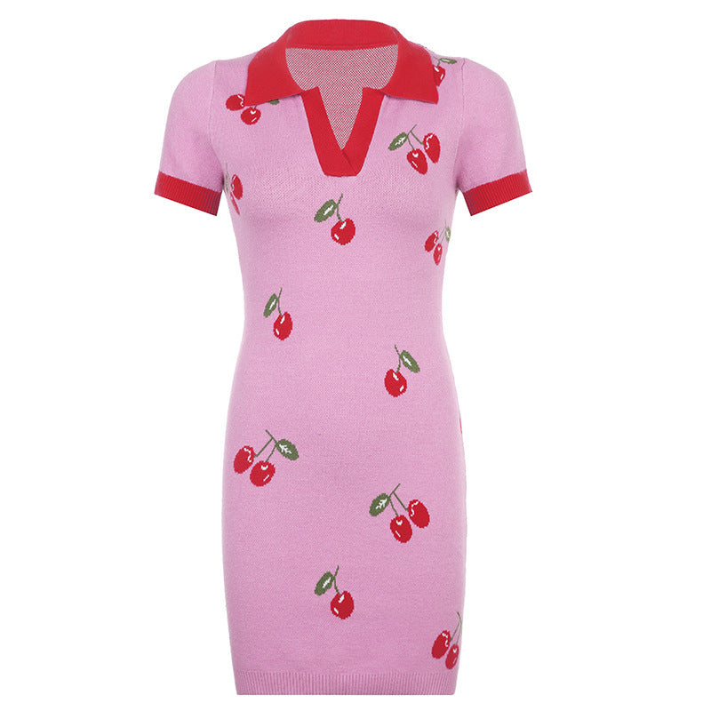 Slim Waist Colorblock Cherry Print Wool Dress