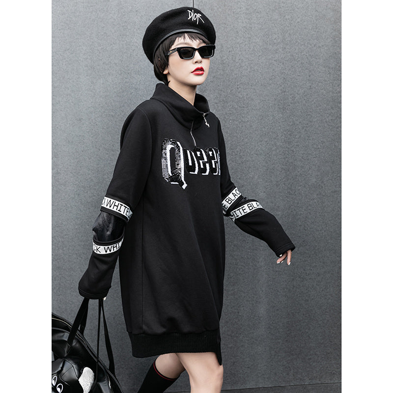 Street Style Long Asymmetrical Hem Printed Zipper Slim Sweater