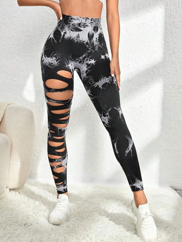 Hollow Tie-dye Yoga Pants High Waist Hip Lift Fitness Pants