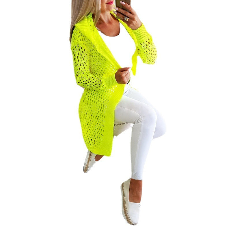 Women Solid Color Cardigan Long-Sleeved Hooded Hollow Knit Jacket