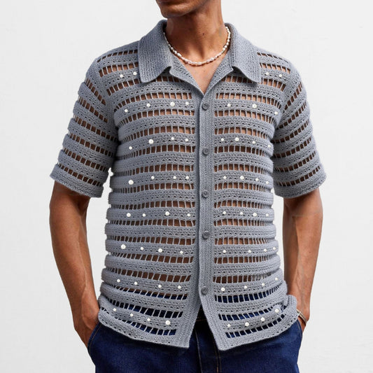 Men's French Beaded Design Hollow Sweater