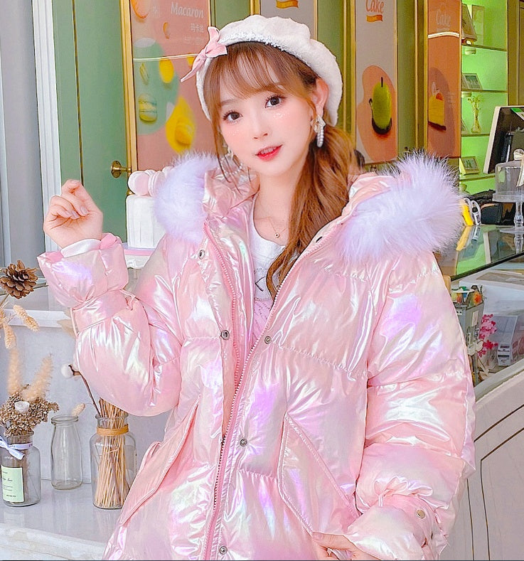 Colorful Shell-colored Down Jacket With Large Fur Collar