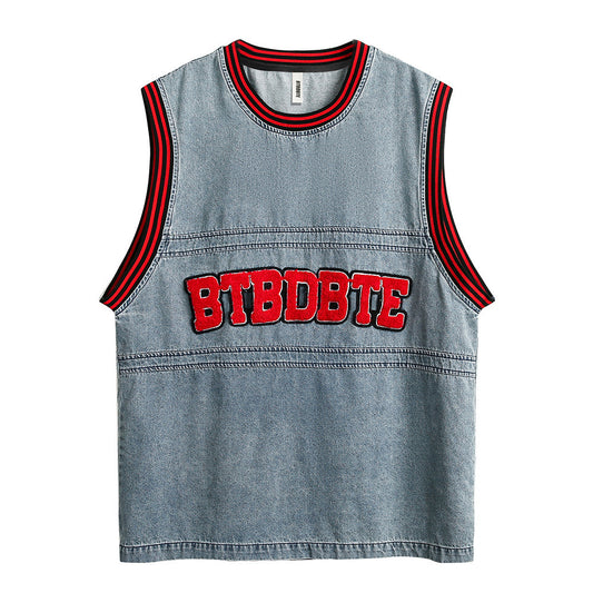 Letter Towel Embroidery Denim Vest Men