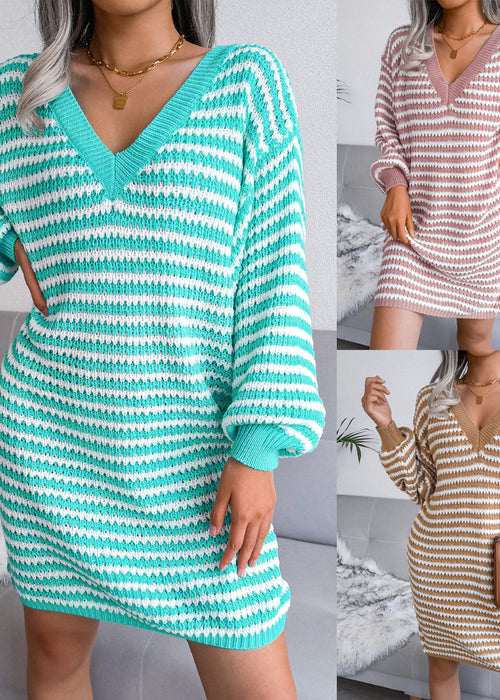 Ins Striped Sweater Dress V-neck Long Sleeve Dresses For Women