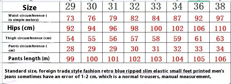 Punk Trendy Retro Blue Ripped Slim Elastic Printing Printing And Dyeing Feet Men's Jeans