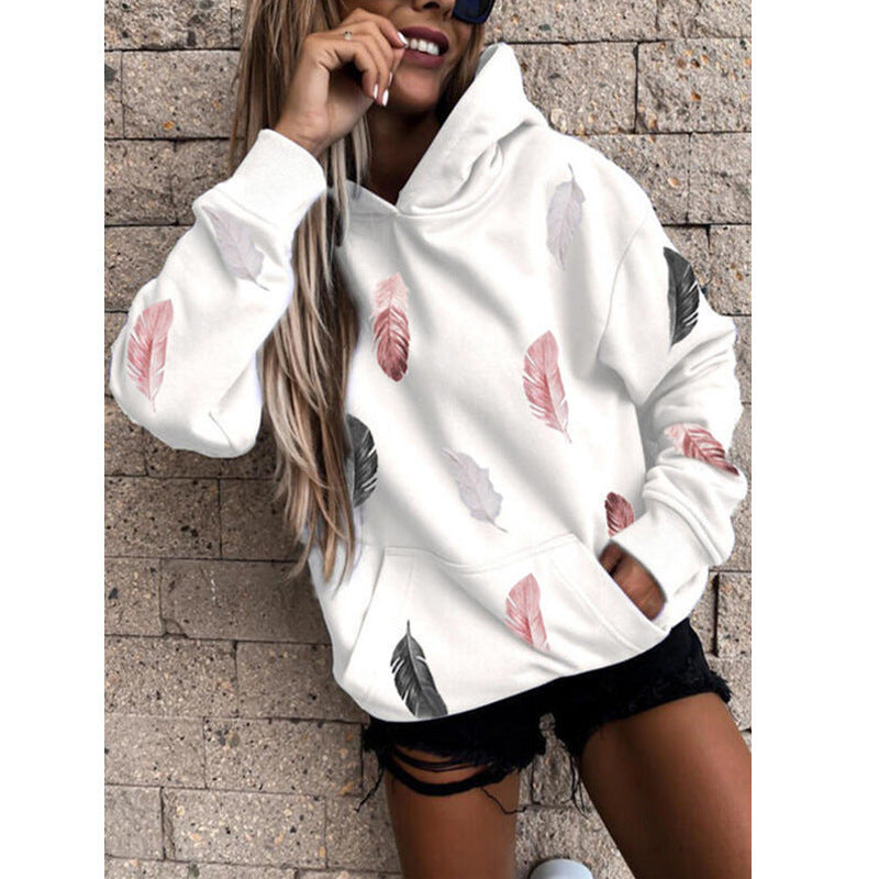 Fashion Women's Loose Feather Printed Long Sleeve Sweatshirt