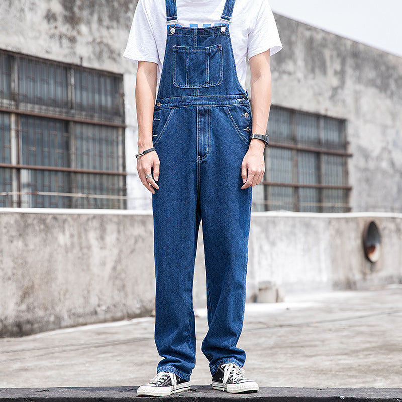 Blue Men's Suspender Pants Loose Straight No Gender Work Pants