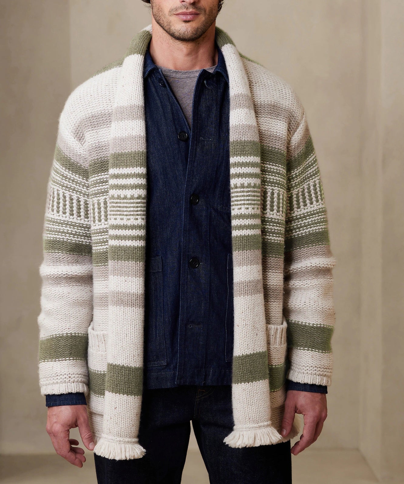 Men's Sweater Cardigan Striped Stitching Tassel Knitted Coat