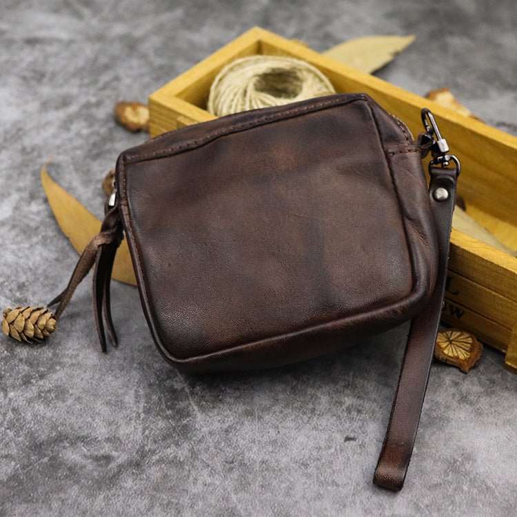 New hand dyed vegetable tanned leather women''s portable multi-functional small handbag lovers cowhide storage card bag pocket change purse