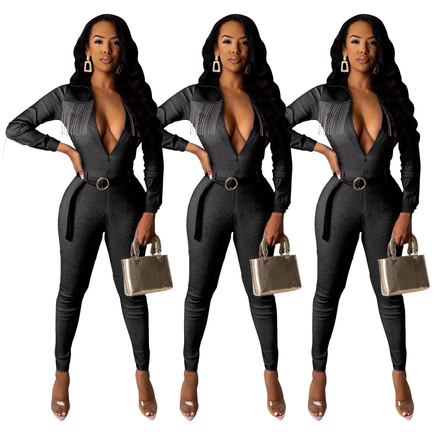Denim fringed solid color jumpsuit (with belt)