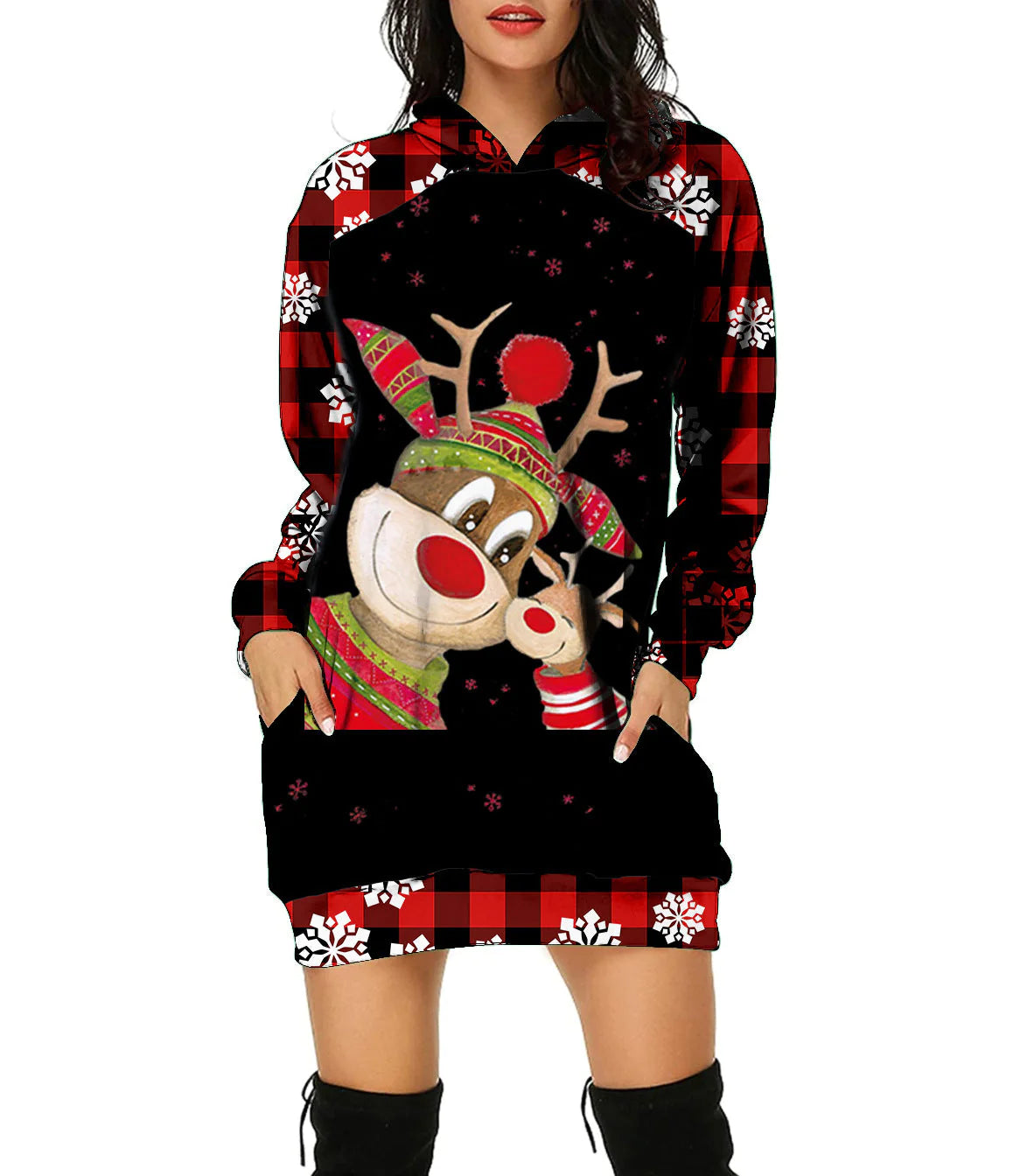 New Christmas Hoodie Moose 3D Printed Long Hoodie Autumn Loose Hoodie Dress