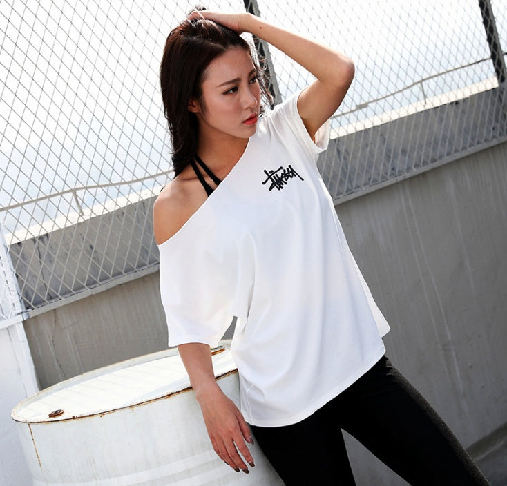 New summer loose off-shoulder women printed letter short-sleeved fitness gym running sports quick-drying yoga t-shirt tops