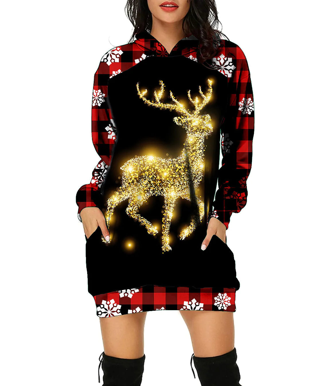 New Christmas Hoodie Moose 3D Printed Long Hoodie Autumn Loose Hoodie Dress