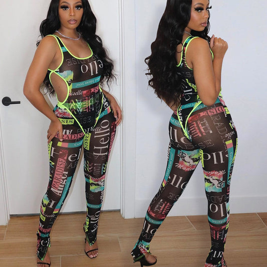 Women's Bodysuit Mesh Print Sheer Two-Piece Pant Set