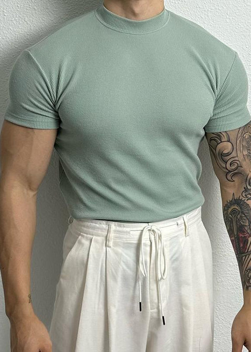 Men's American-style Pure Color Half Collar Thread Stretch T-shirt Top