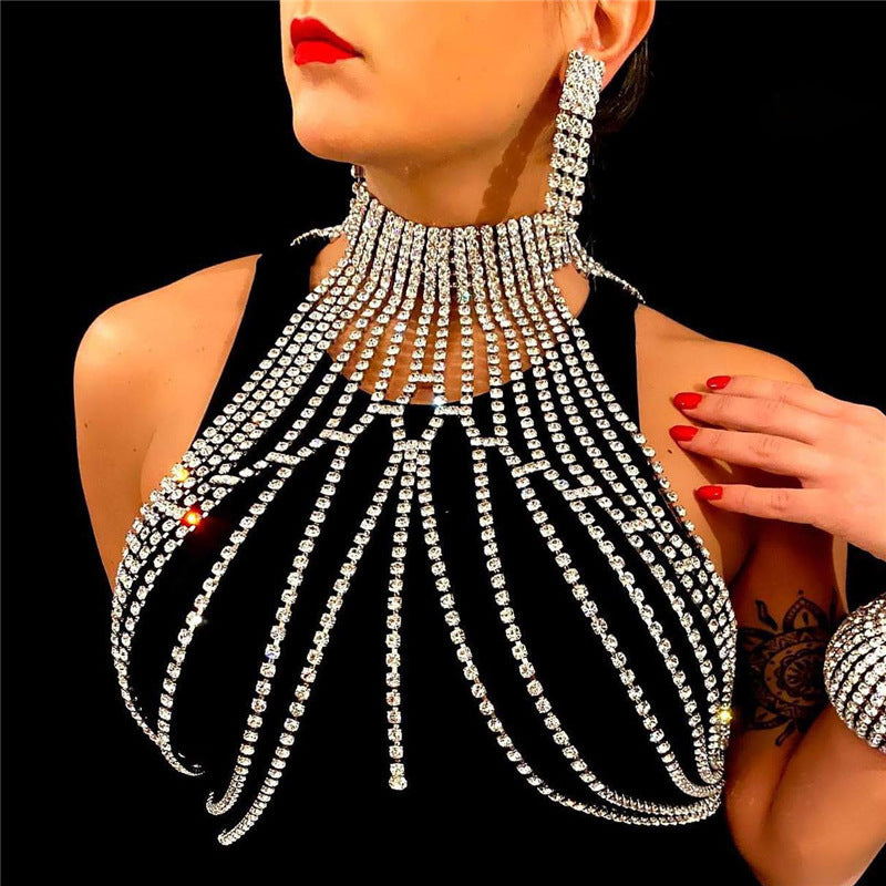 Fashion Exaggerated Long Tassel Rhinestone Chest Chain Accessories