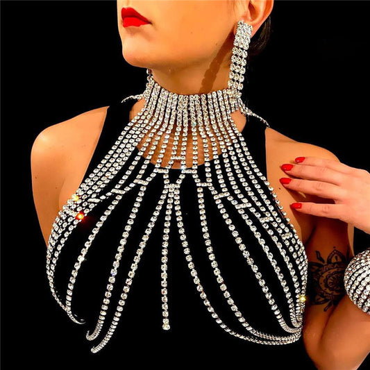 Fashion Exaggerated Long Tassel Rhinestone Chest Chain Accessories