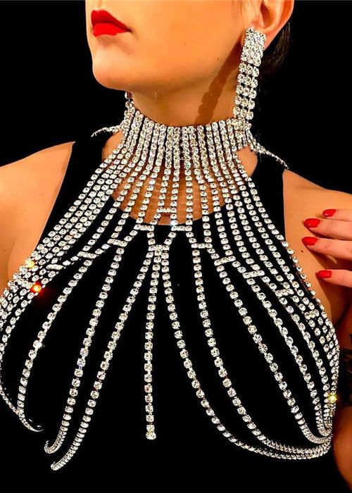 Fashion Exaggerated Long Tassel Rhinestone Chest Chain Accessories