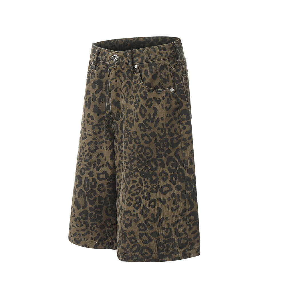 Leopard Print Denim Straight Five-point Pants Men