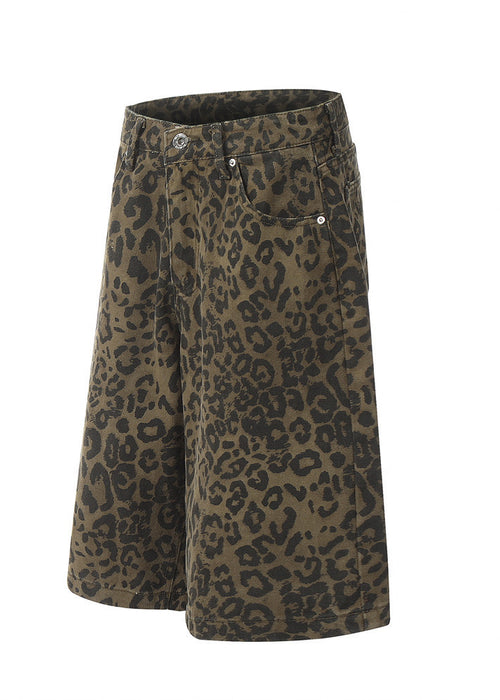 Leopard Print Denim Straight Five-point Pants Men