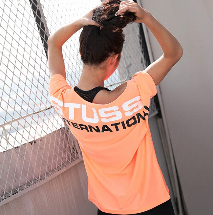 New summer loose off-shoulder women printed letter short-sleeved fitness gym running sports quick-drying yoga t-shirt tops