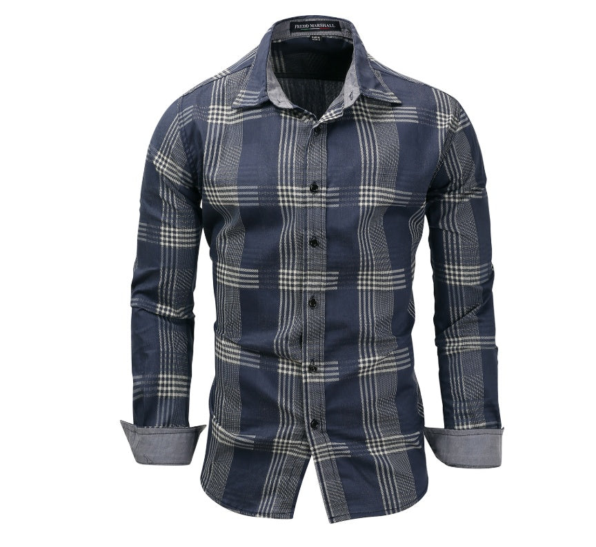 Large size men's denim long sleeve plaid shirt shirt