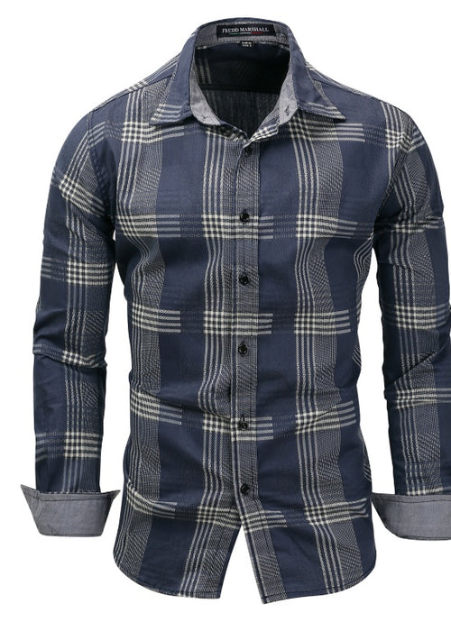 Large size men's denim long sleeve plaid shirt shirt