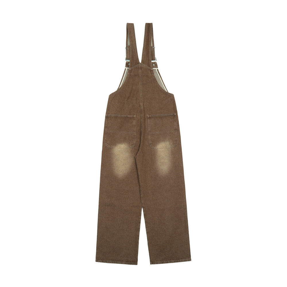 Vintage Washed White Denim Suspender Pants For Men