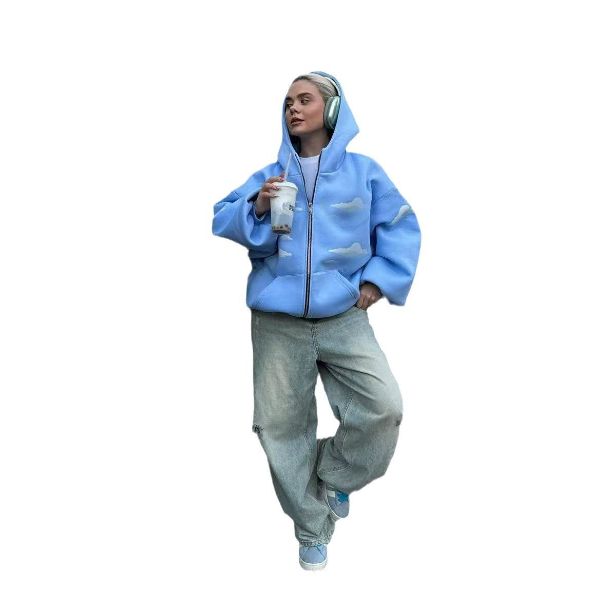 Cloud Print Zipper Hooded Sweaters Women's Clothing